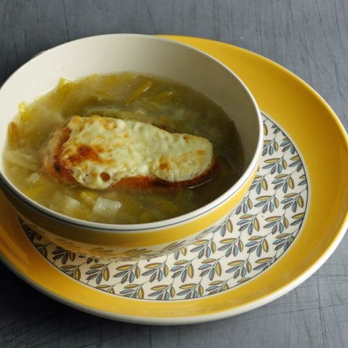 Leek and potato soup with brie croute