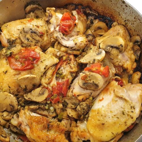 Sardinian home cooking chicken with mushrooms and tomatoes