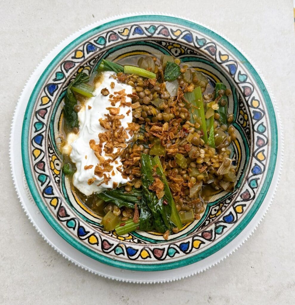 Dinner Lentil soup with harissa and preserved lemon