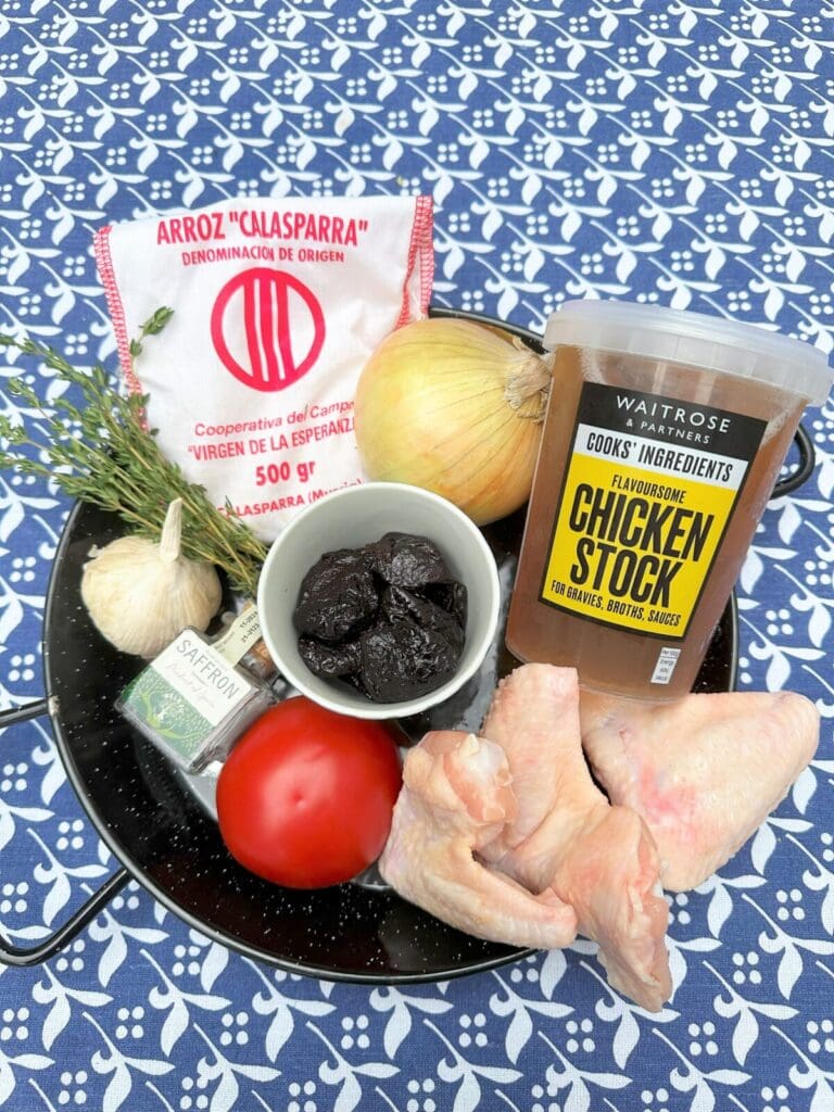 Ingredients for Chicken wing, sherry and prune paella by Omar Allibhoy